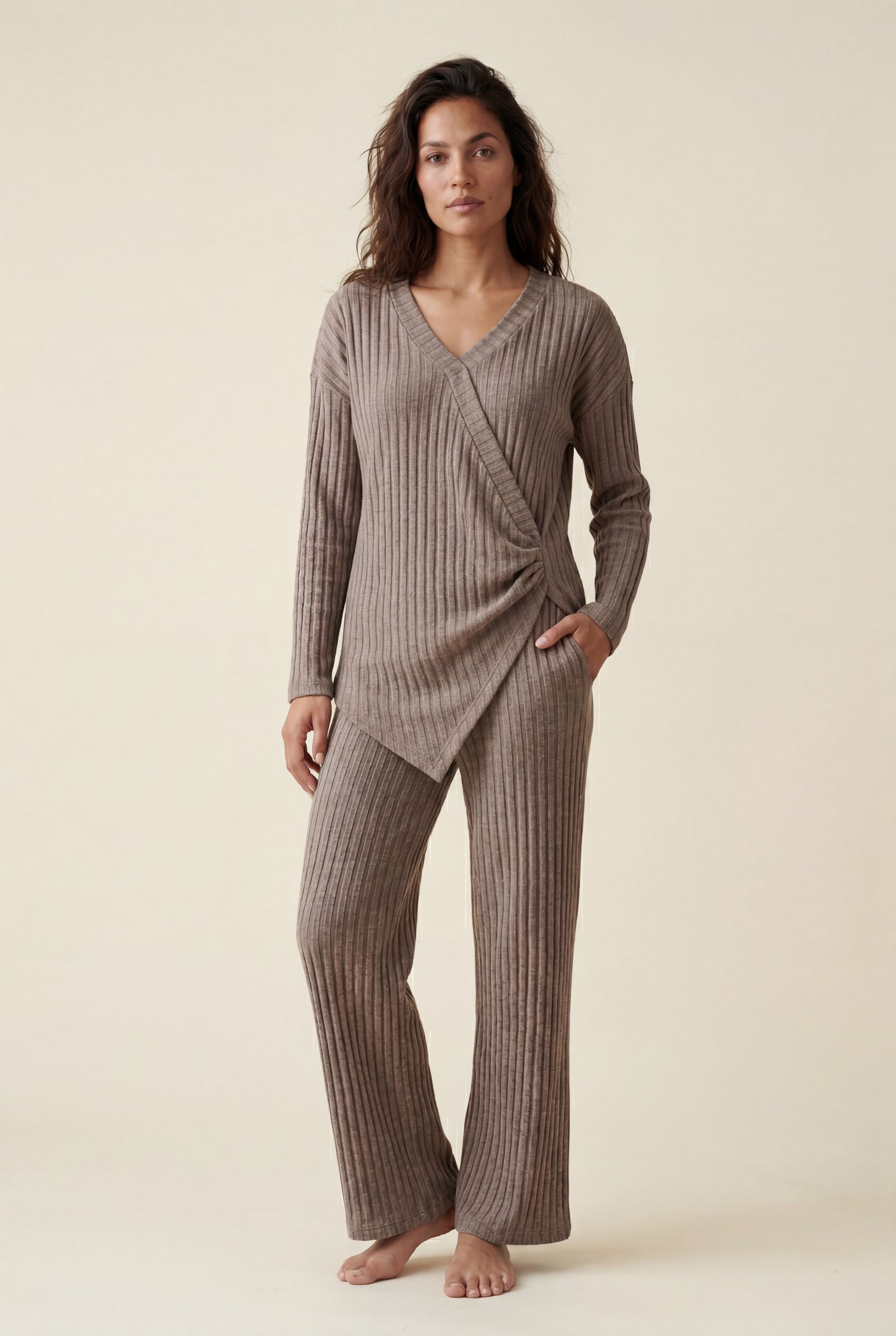 Taupe Ribbed Wide-leg Two-piece Loungewear Set - Two-piece set - Photo 10