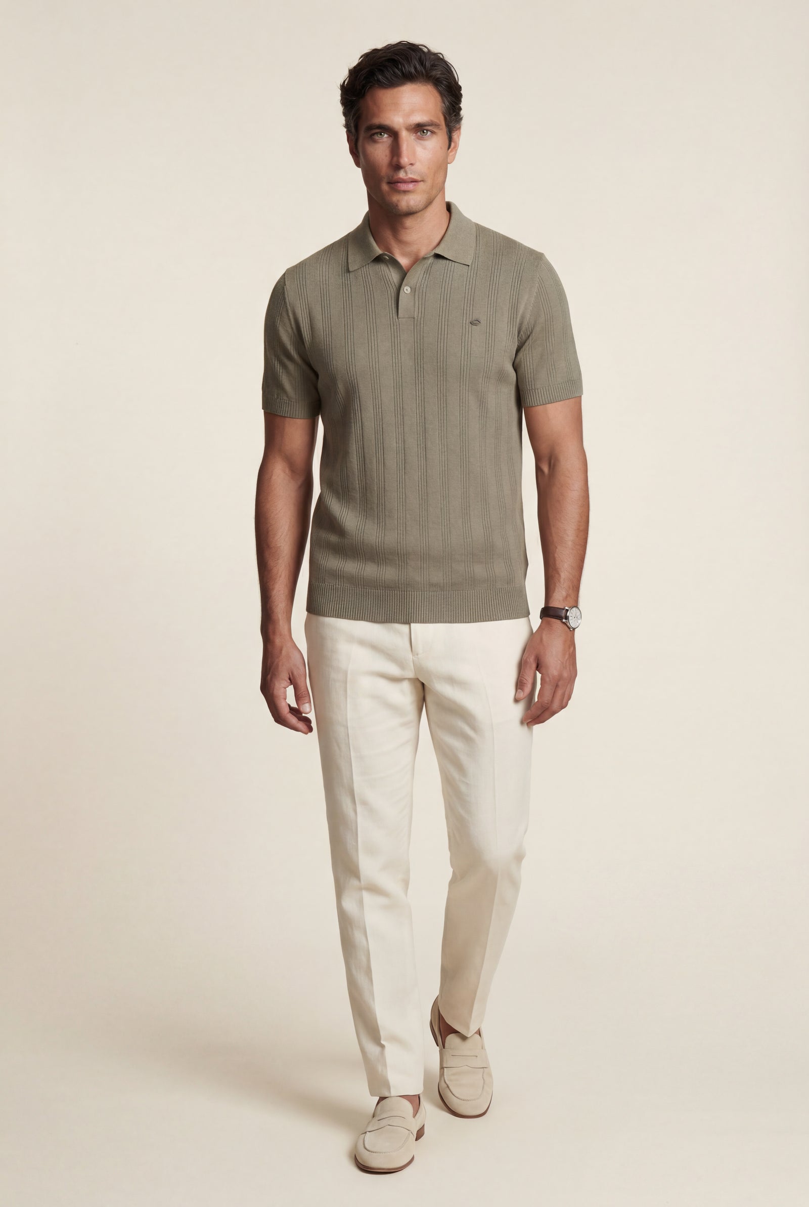 Taupe Tailored Ribbed Short Sleeve Polo Shirt - Polo shirts - Photo 9