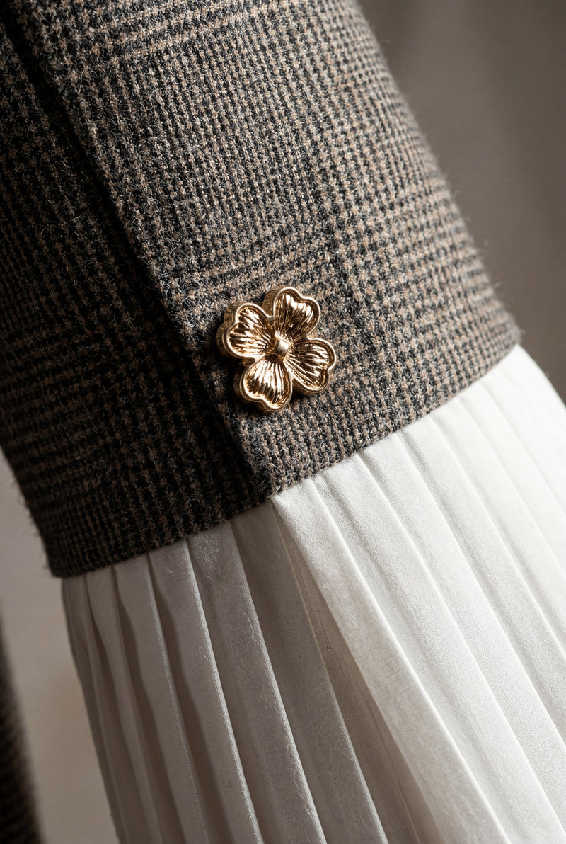 Taupe Taupe Houndstooth Blazer Mini Dress with Pleated Trim - Blazer dress - Photo 3