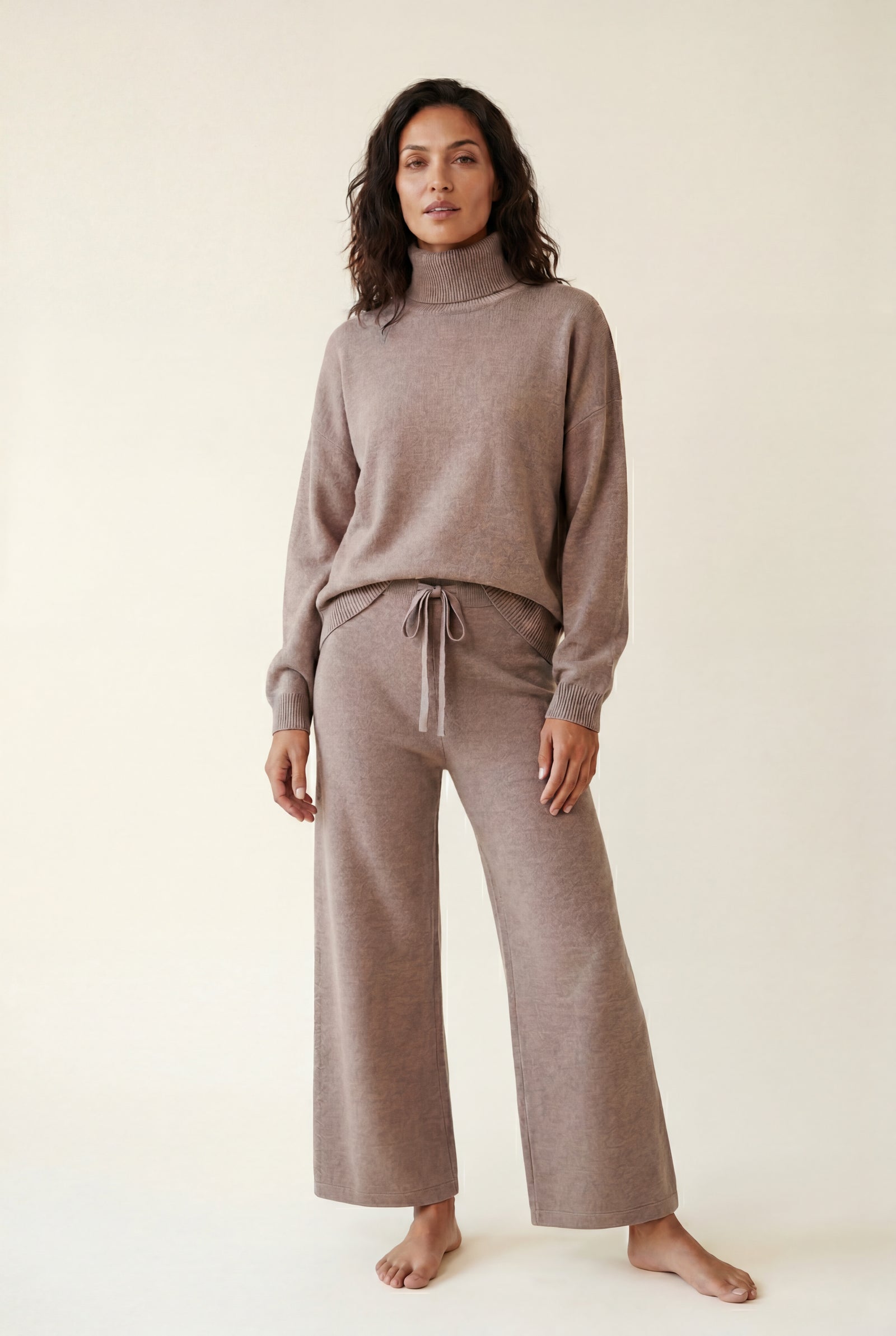 Taupe Taupe Relaxed Turtleneck Lounge Set with Wide Leg Pants - Loungewear set - Photo 1