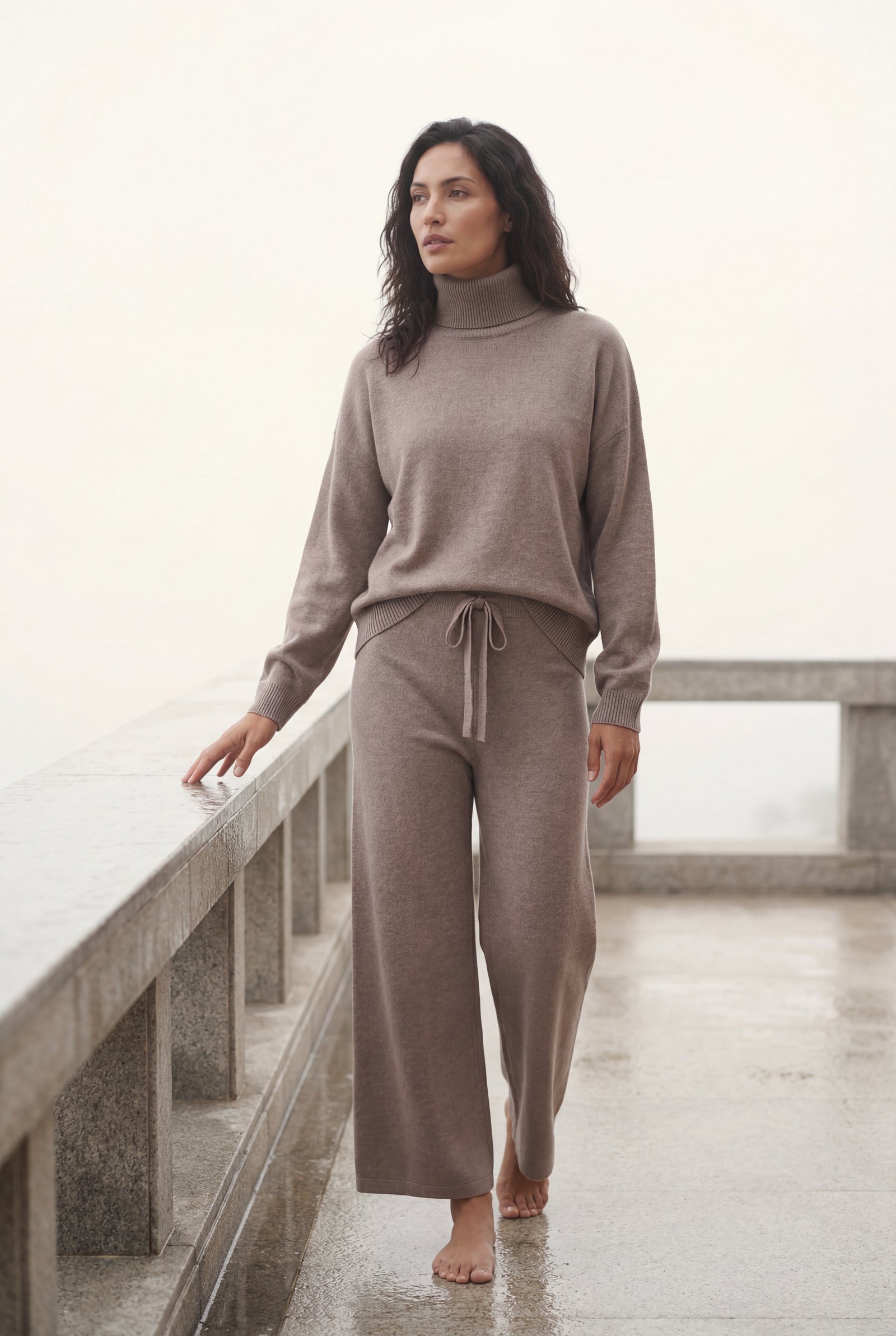 Taupe Taupe Relaxed Turtleneck Lounge Set with Wide Leg Pants - Loungewear set - Photo 4