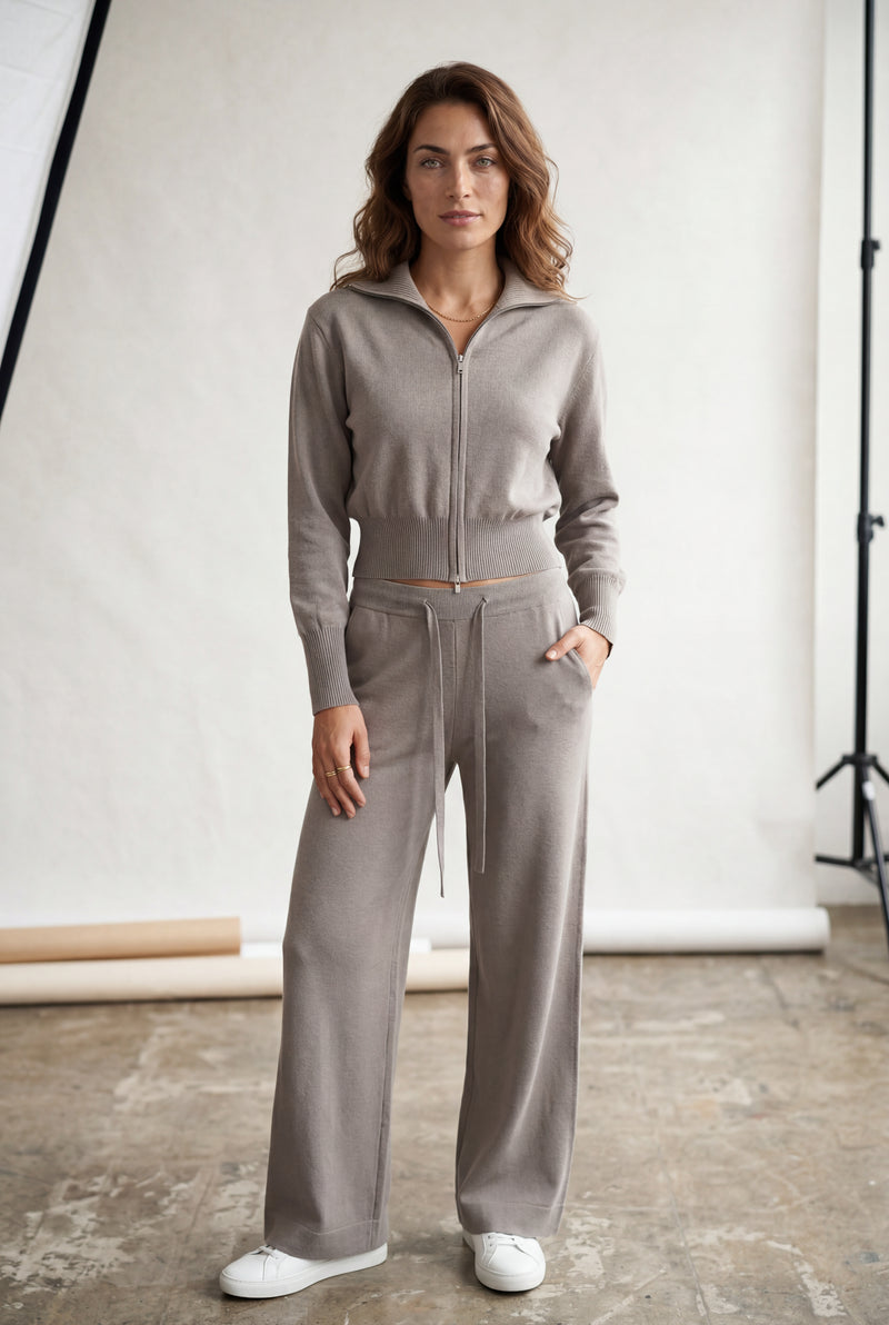 Taupe Taupe Ribbed Zip-up Wide Leg Loungewear Set - Photo 1