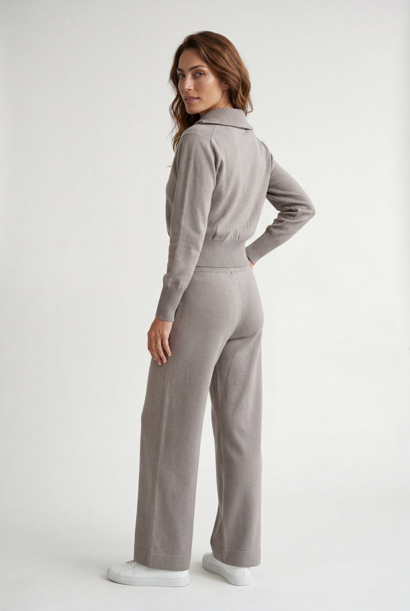 Taupe Taupe Ribbed Zip-up Wide Leg Loungewear Set - Photo 2