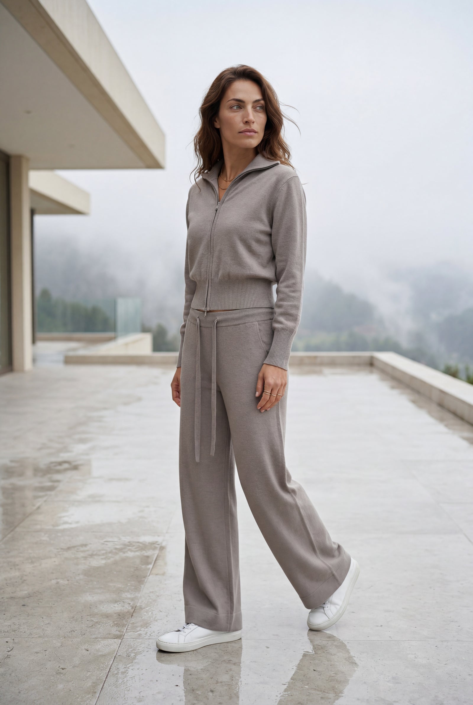 Taupe Taupe Ribbed Zip-up Wide Leg Loungewear Set - Photo 4