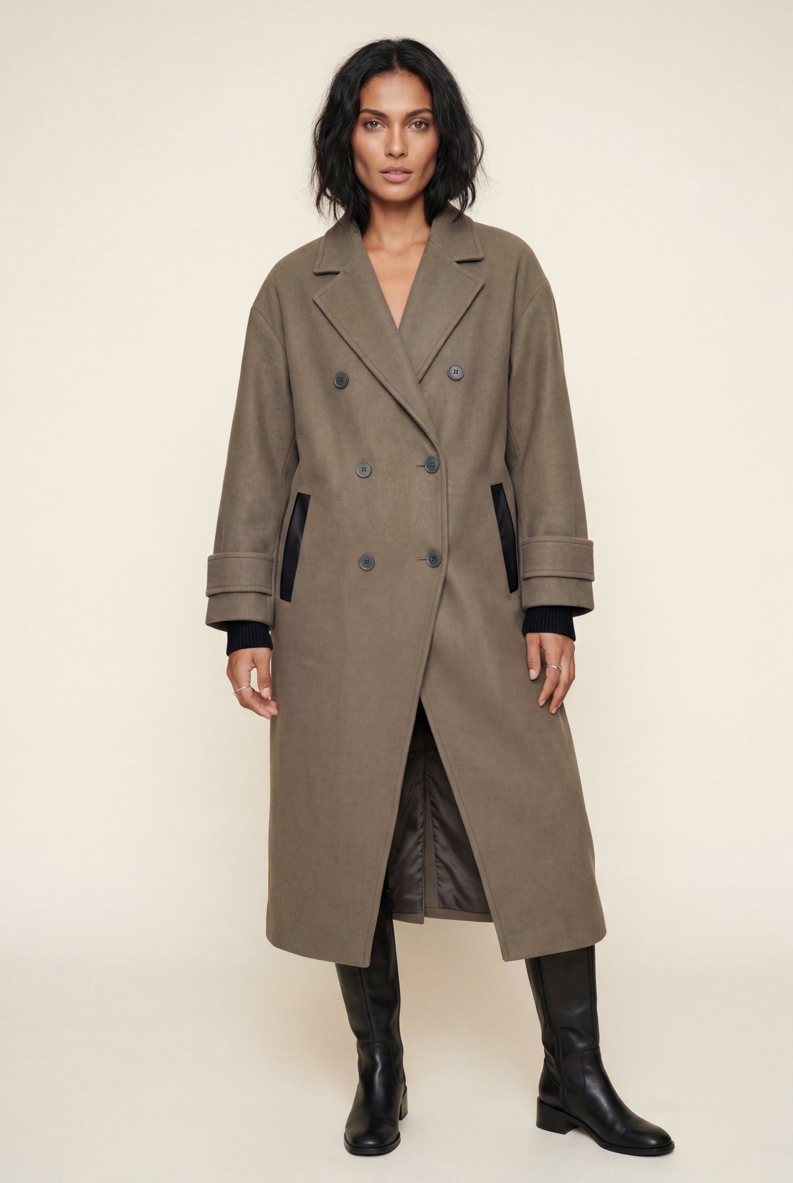 Taupe Women's Oversized Double-Breasted Long Coat with Lapel - Oversized coats - Photo 6