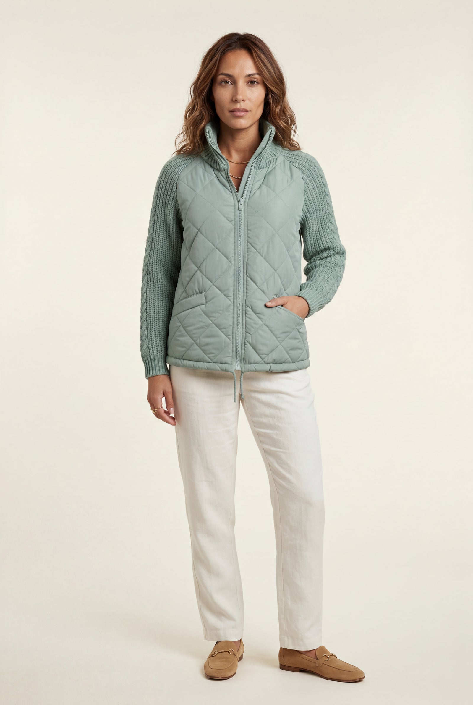Turquoise Diamond Quilted Hybrid Jacket with Cable Sleeves - Hybrid jackets - Photo 1