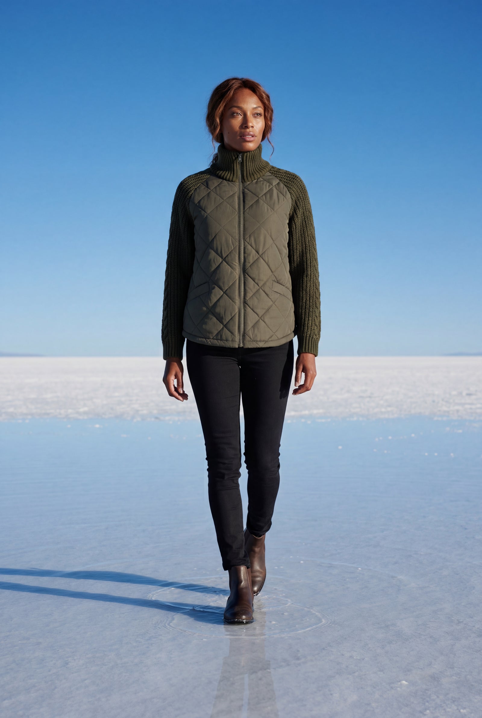 Army Green Diamond Quilted Hybrid Jacket with Cable Sleeves - Hybrid jackets - Photo 10