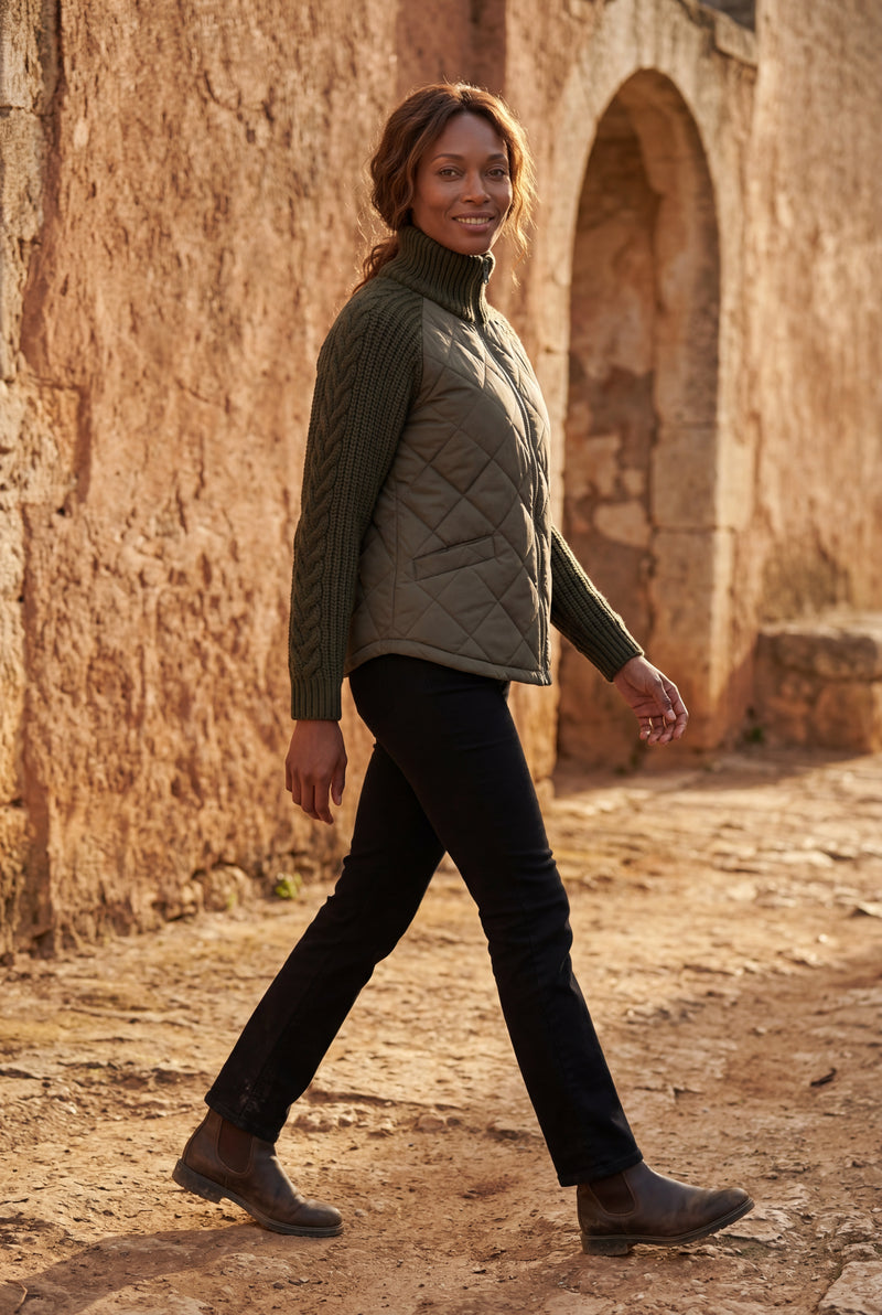 Army Green Diamond Quilted Hybrid Jacket with Cable Sleeves - Hybrid jackets - Photo 4