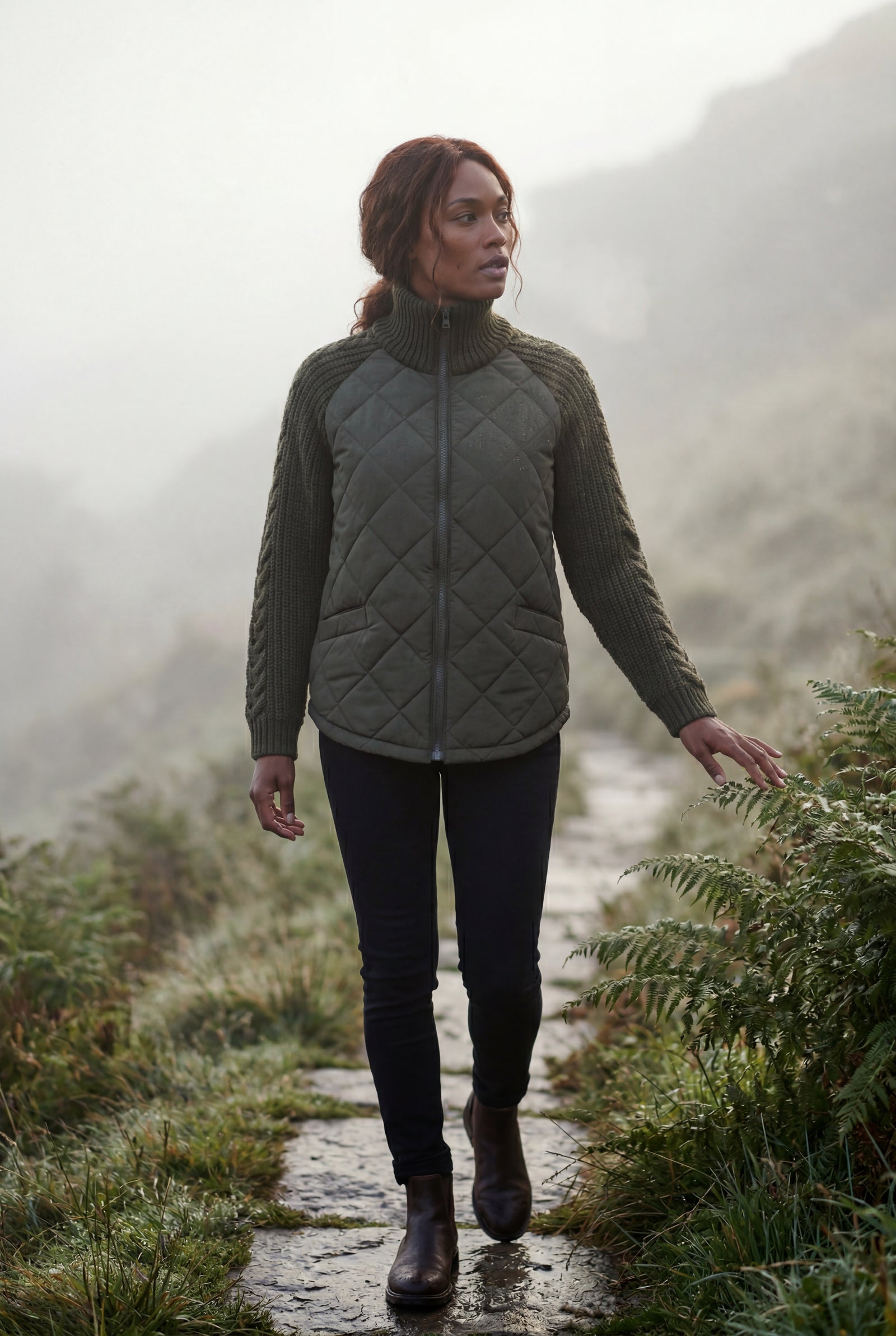 Army Green Diamond Quilted Hybrid Jacket with Cable Sleeves - Hybrid jackets - Photo 6