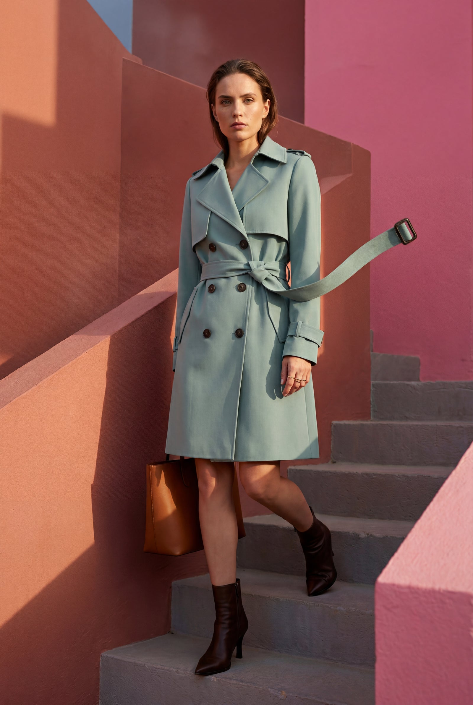 Turquoise Double-breasted Belted Trench Coat with Storm Flap - Photo 17
