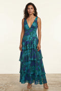 Turquoise Tiered Floral Maxi Dress with Deep V-neckline - Photo 5
