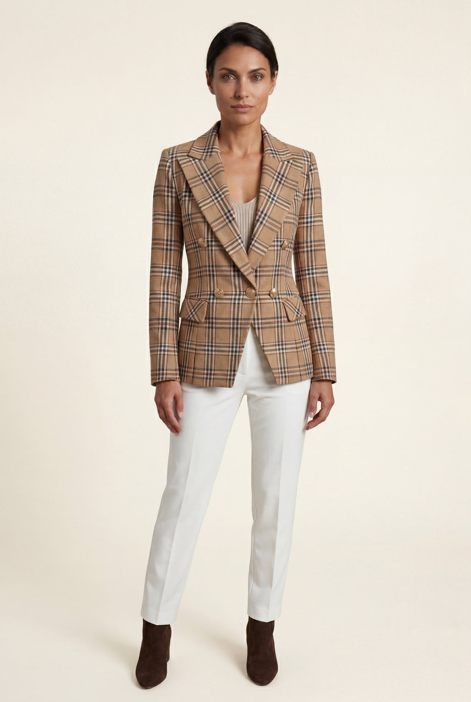 Warm Camel Plaid Double-breasted Tailored Blazer with Gold Buttons - Blazers - Photo 12