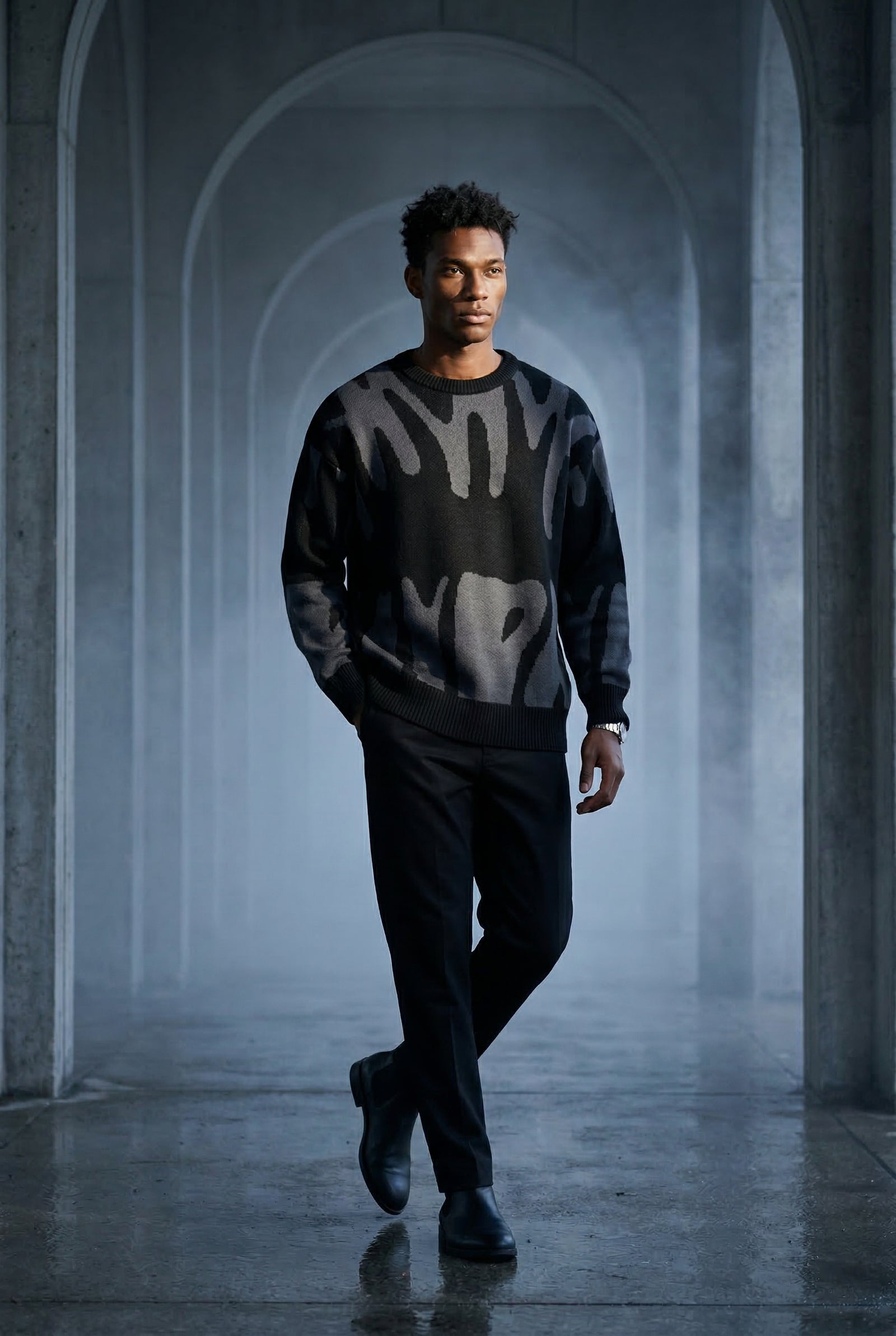 Gray Abstract Intarsia Relaxed Crew Neck Jumper - Knitted jumper - Photo 11