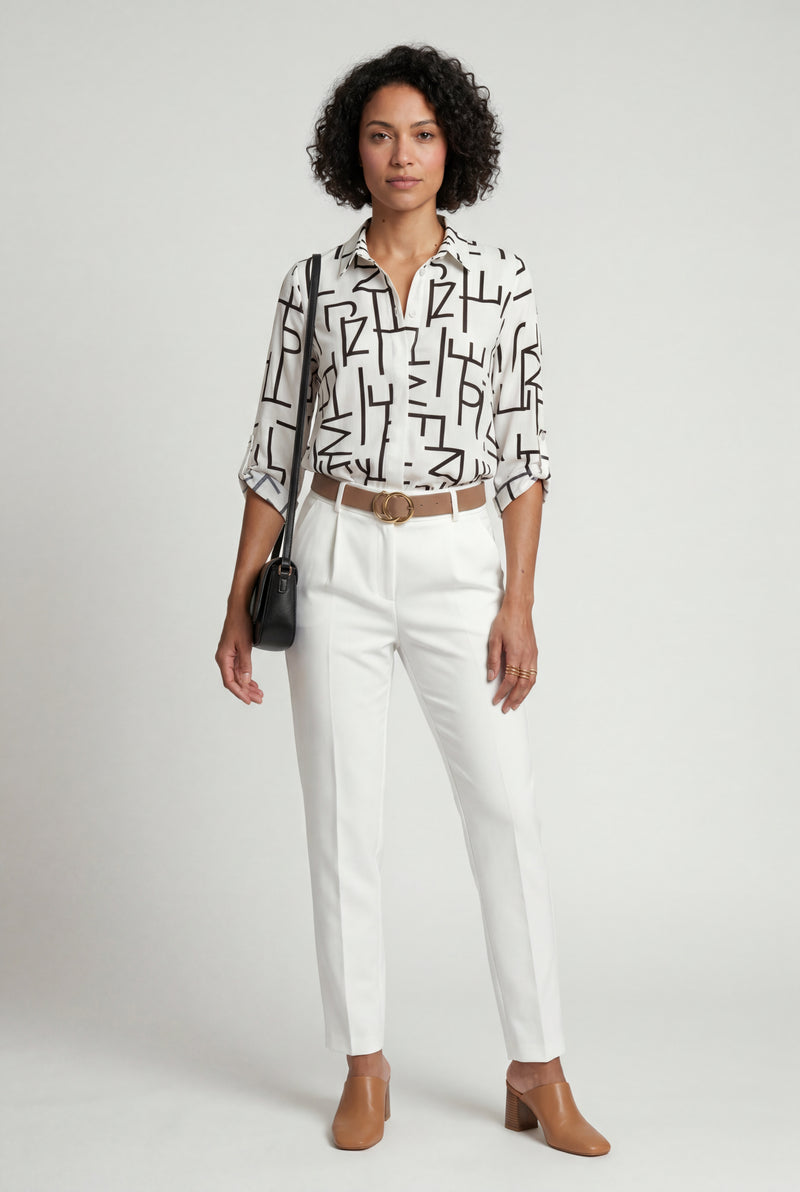 White Abstract Print Button-up Blouse with Roll-tab Sleeves - Blouses - Photo 3