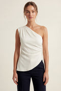 White Asymmetric One Shoulder Draped Top with Flared Hem - One shoulder top - Photo 9