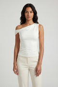 White Asymmetrical One Shoulder Draped Top with Single Sleeve - One shoulder top - Photo 1