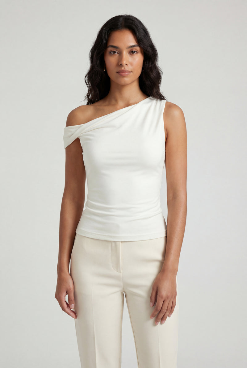 White Asymmetrical One Shoulder Draped Top with Single Sleeve - One shoulder top - Photo 1