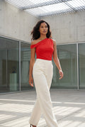 Red Asymmetrical One Shoulder Draped Top with Single Sleeve - One shoulder top - Photo 10