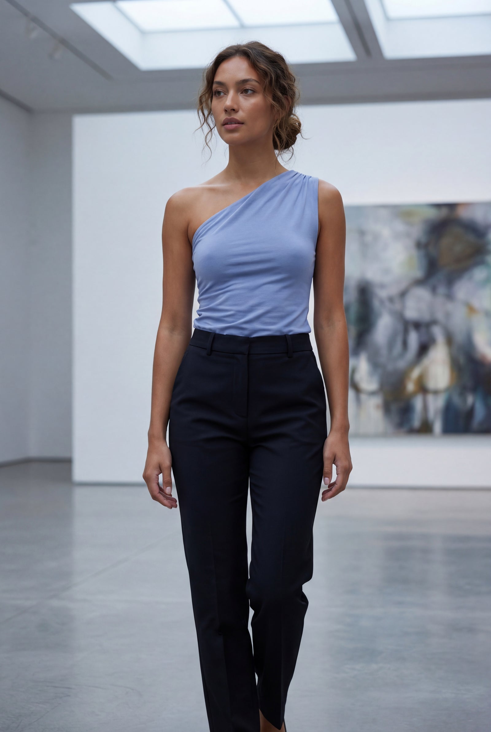 Blue Asymmetrical One Shoulder Draped Top with Single Sleeve - One shoulder top - Photo 19