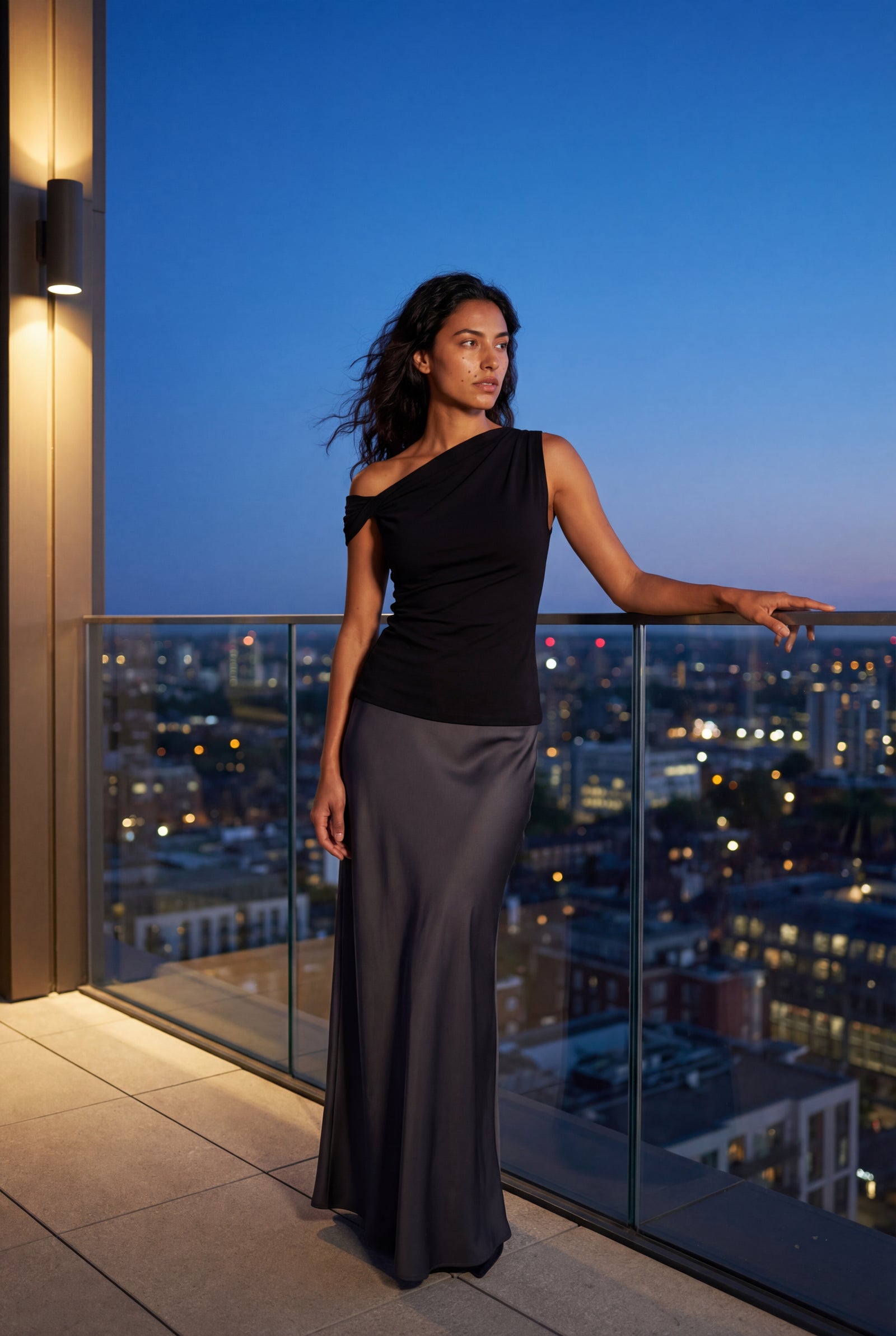 Black Asymmetrical One Shoulder Draped Top with Single Sleeve - One shoulder top - Photo 7