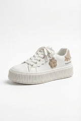 White Beige Floral Applique Platform Lace up Sneakers Off White - Photo 1