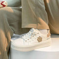 White Beige Floral Applique Platform Lace up Sneakers Off White - Photo 2