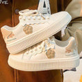 White Beige Floral Applique Platform Lace up Sneakers Off White - Photo 3