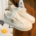 White Beige Floral Applique Platform Lace up Sneakers Off White - Photo 5