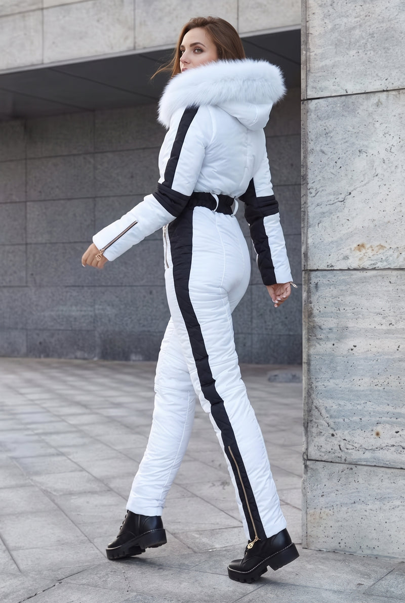 Belted Hooded Snow Suit in White — studio angle