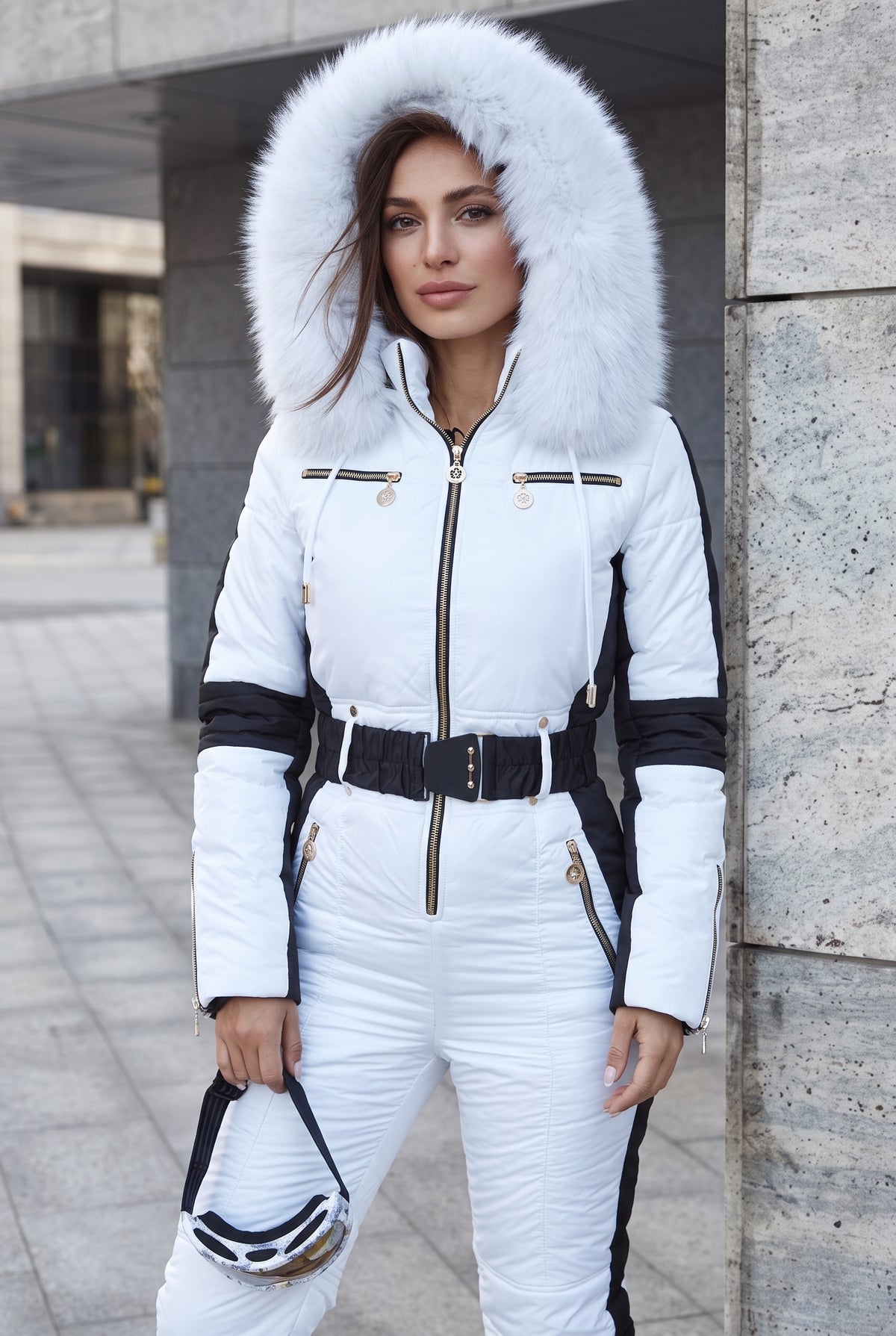 Belted Hooded Snow Suit in White — studio front