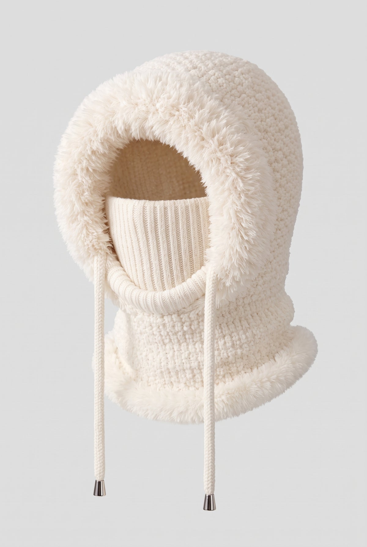 Boucle Knit Hooded Balaclava in White — studio front