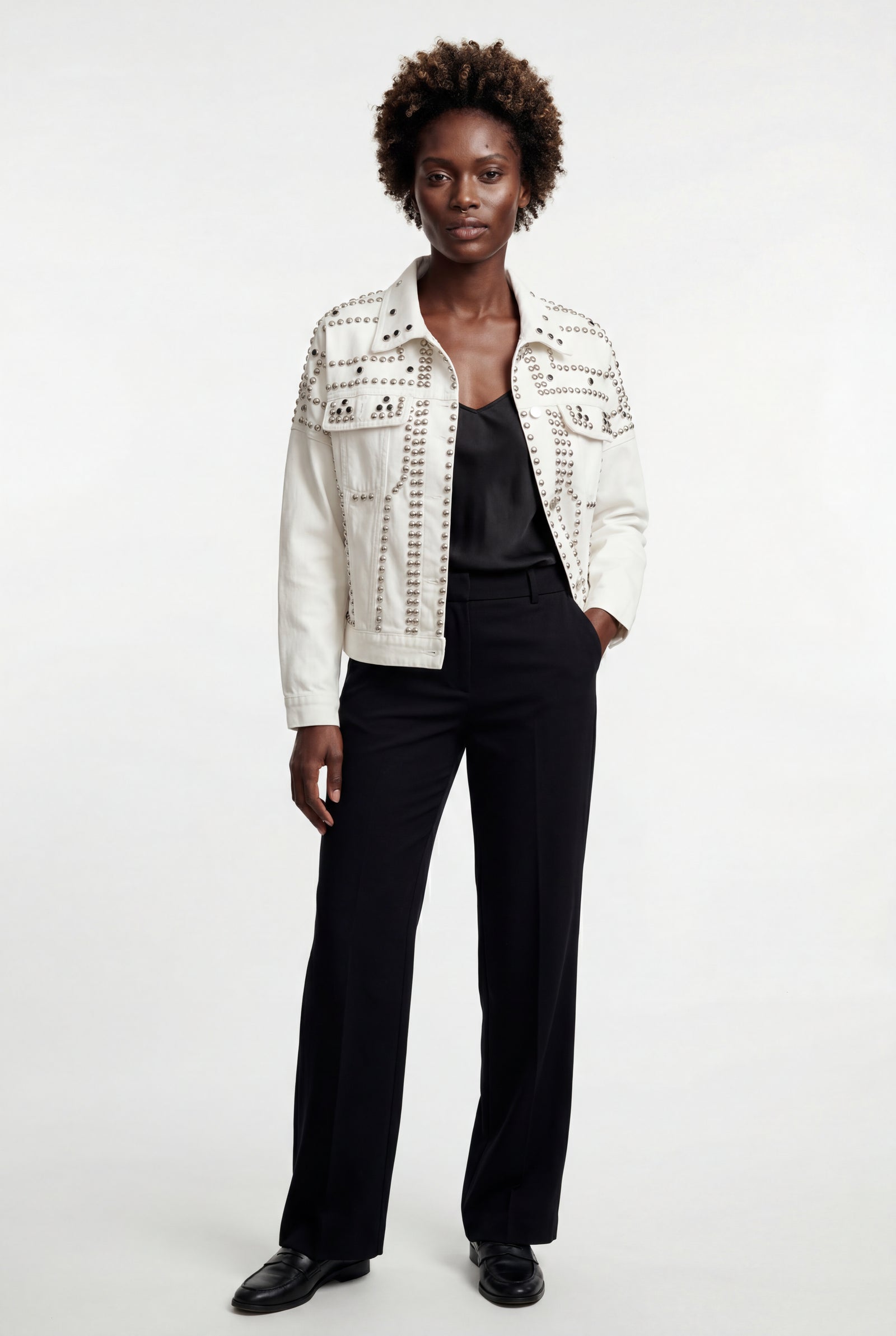 White Boxy Studded Cropped Jacket with Button Closure - Denim jacket - Photo 2