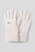Cable-Knit Gloves with Ribbed Cuffs in White — studio front