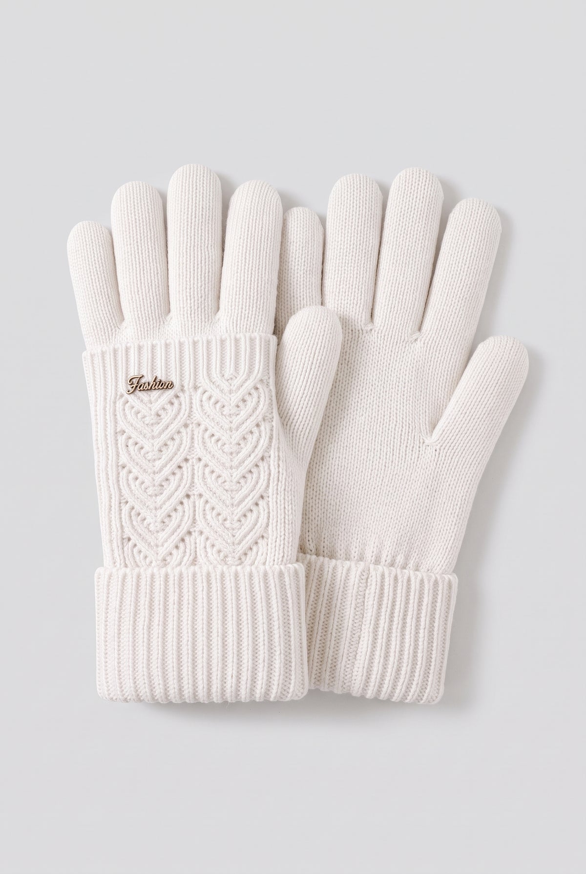 Cable-Knit Gloves with Ribbed Cuffs in White — studio front