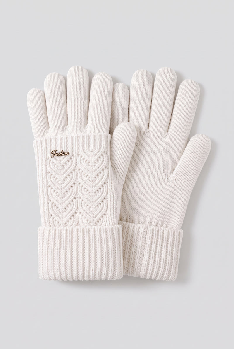 Cable-Knit Gloves with Ribbed Cuffs in White — studio front