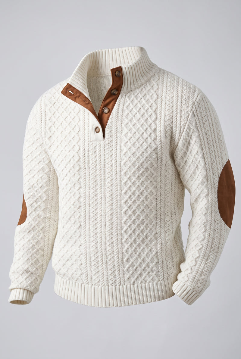 Cable Knit Quarter-Button Sweater in White — studio front