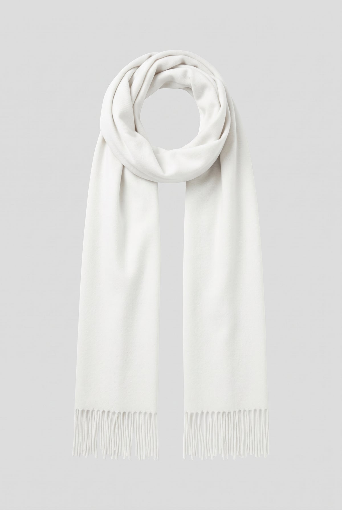Cashmere Fringed Scarf in White — studio front
