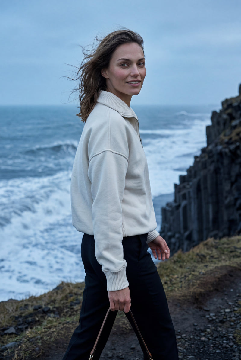 White Chunky Ribbed Collar Off-white Quarter Zip Sweater - Photo 4