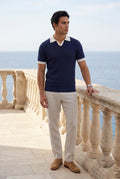 Navy Blue Contrast Collar Cable Short Sleeve Polo Shirt - Polo shirts - Photo 7