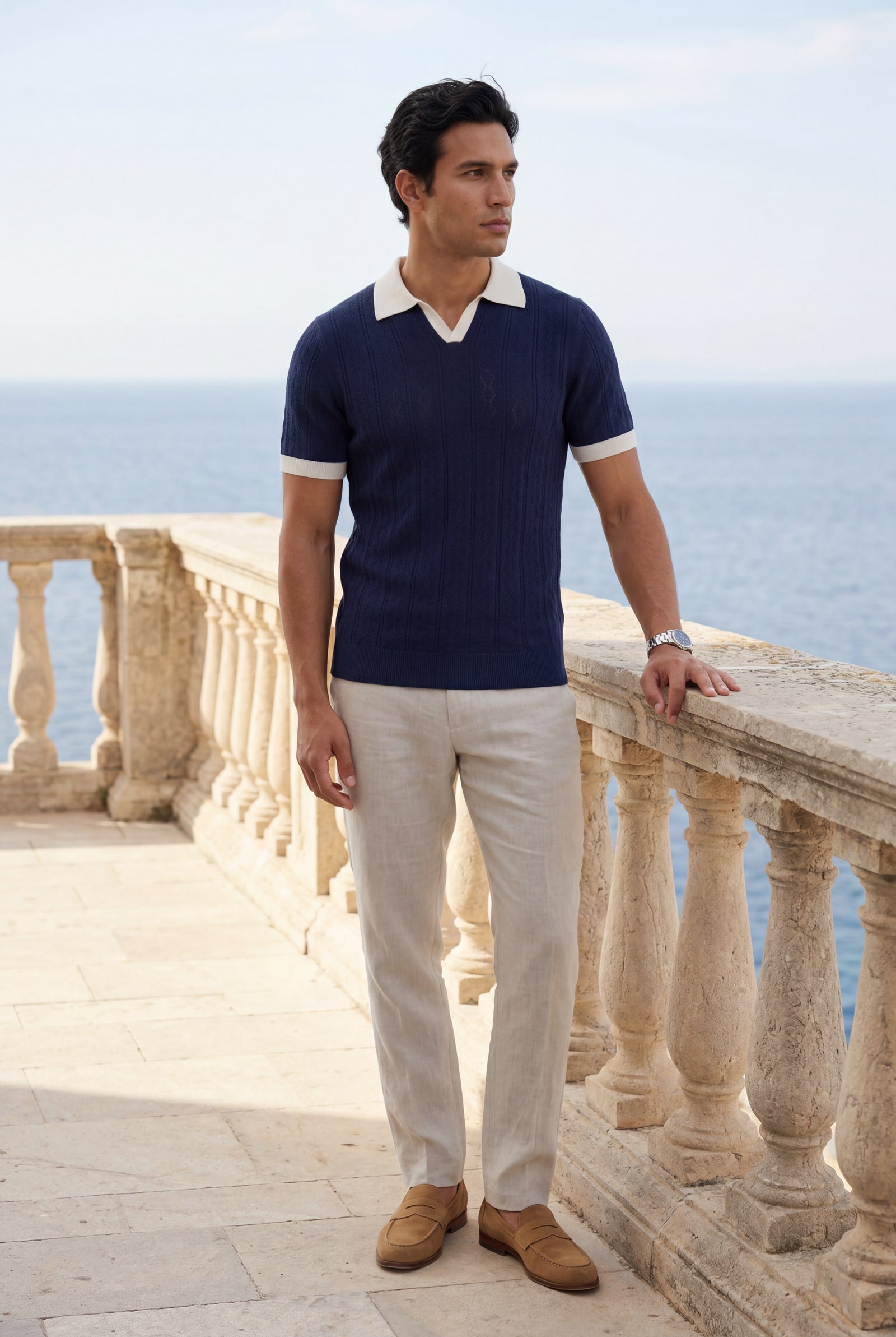 Navy Blue Contrast Collar Cable Short Sleeve Polo Shirt - Polo shirts - Photo 7