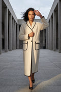 White Contrast Trim Long Draped Coat with Shawl Collar - Long coat - Photo 10