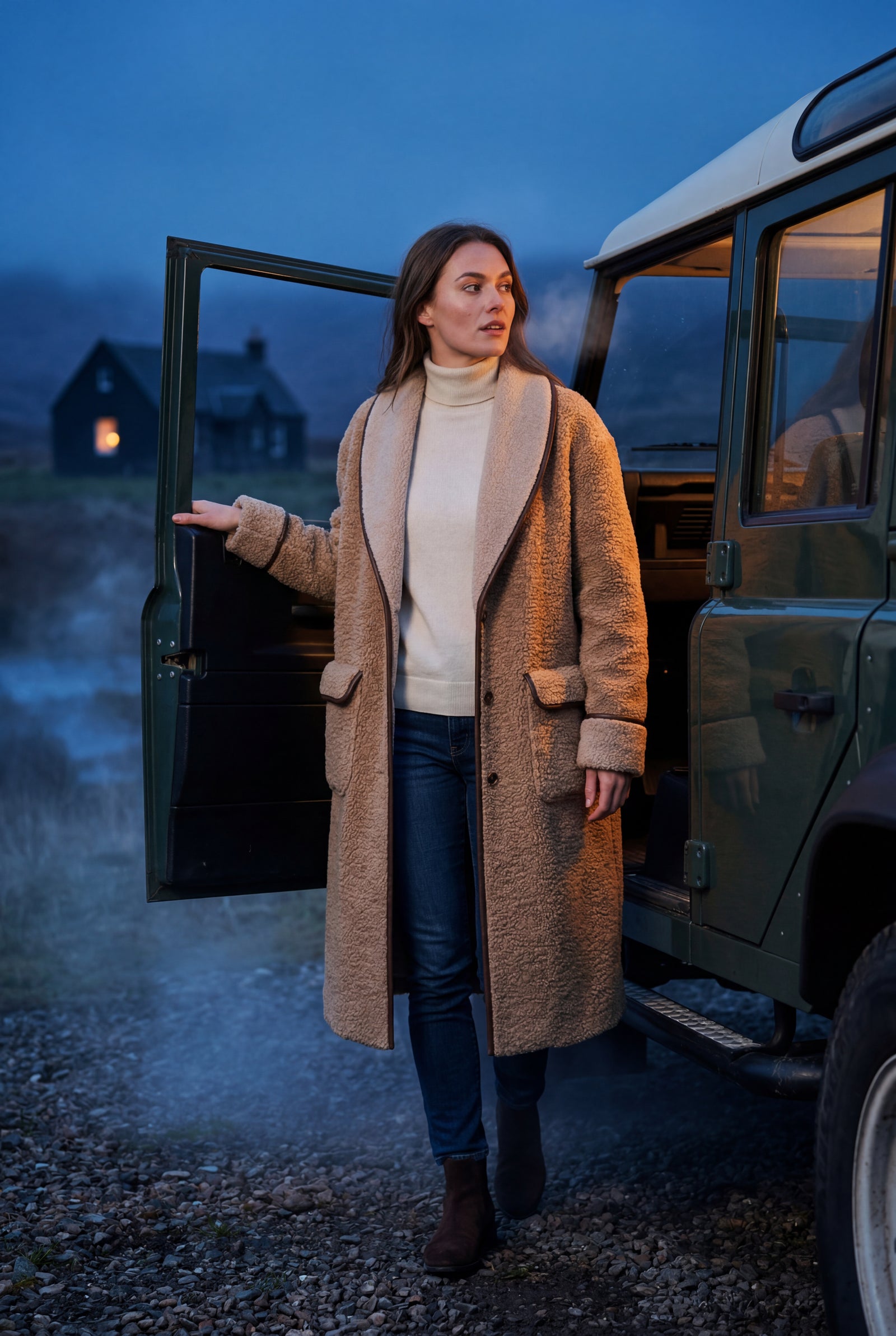 Khaki Contrast Trim Long Draped Coat with Shawl Collar - Long coat - Photo 13