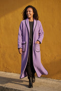 Purple Contrast Trim Long Draped Coat with Shawl Collar - Long coat - Photo 14