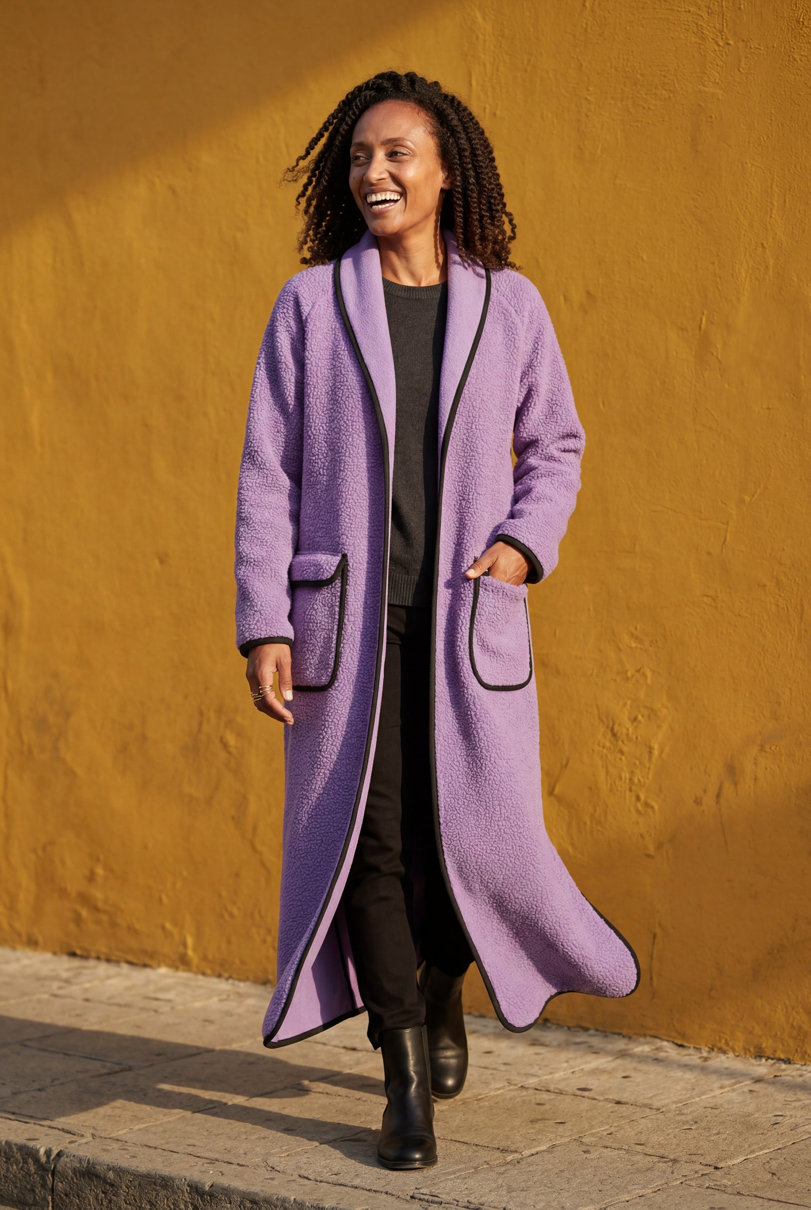 Purple Contrast Trim Long Draped Coat with Shawl Collar - Long coat - Photo 14