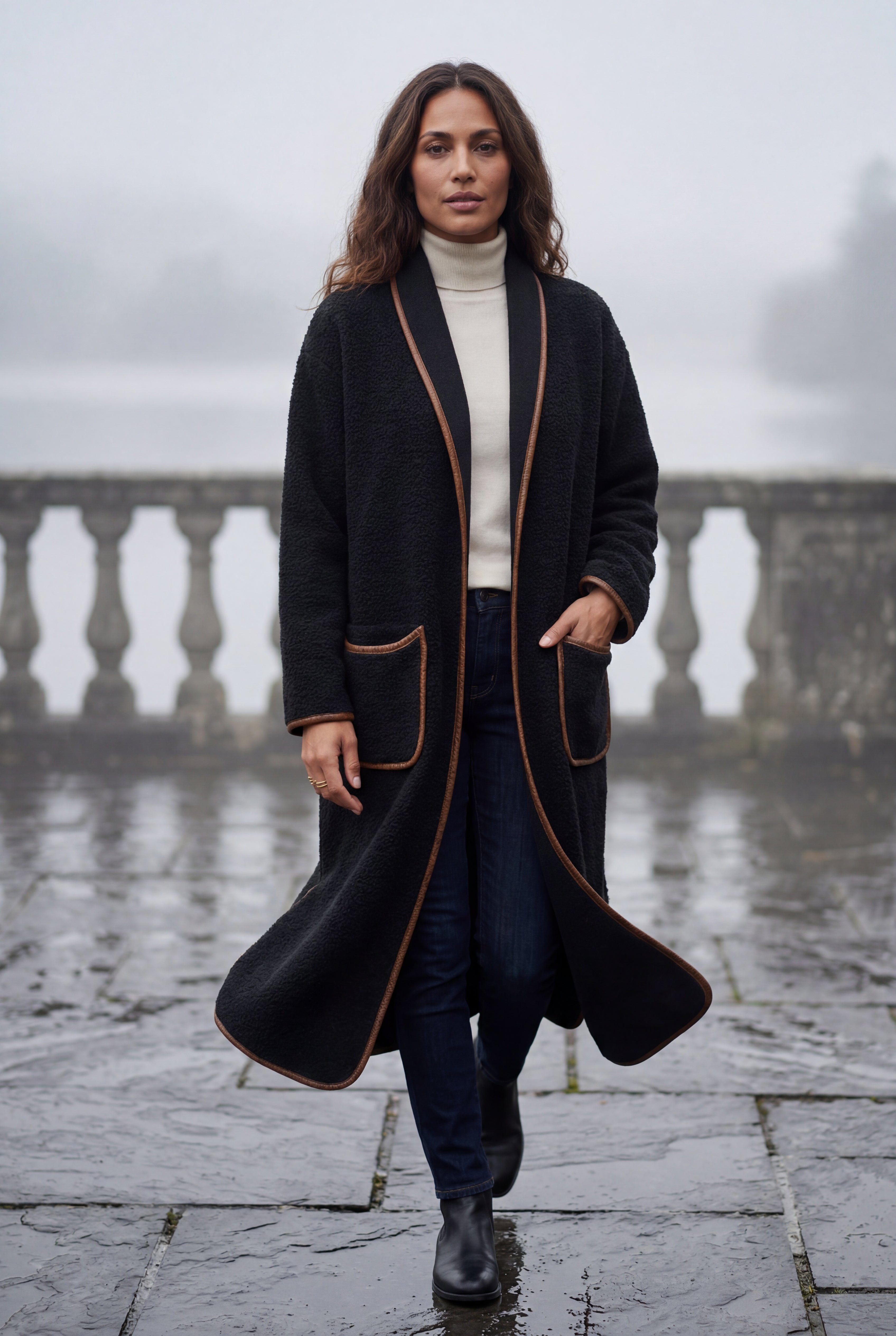 Long Draped Coat Womens Elegant Minimalist Style Shawl Collar Big