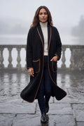 Black Contrast Trim Long Draped Coat with Shawl Collar - Long coat - Photo 15