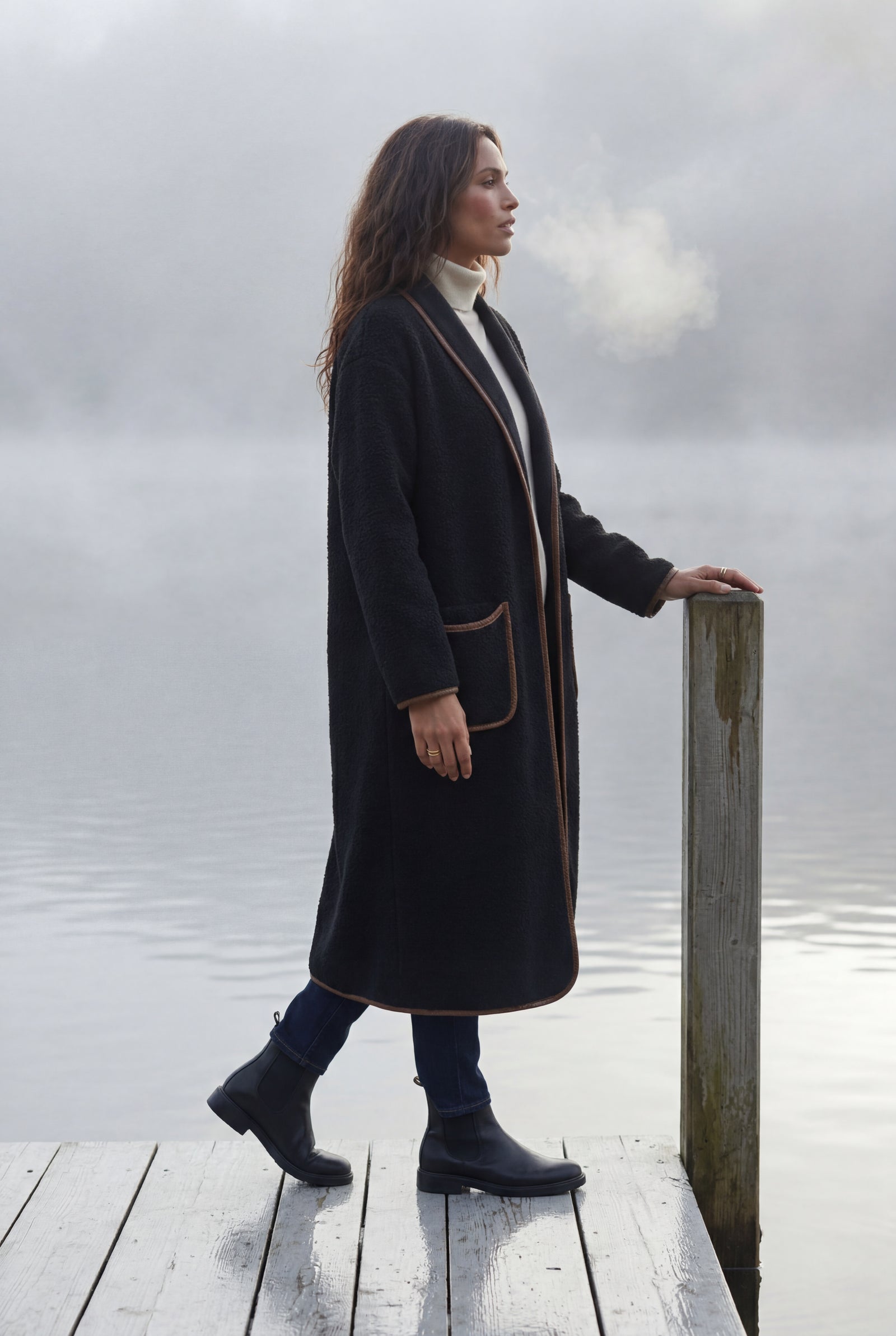 Black Contrast Trim Long Draped Coat with Shawl Collar - Long coat - Photo 17