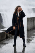 Black Contrast Trim Long Draped Coat with Shawl Collar - Long coat - Photo 18