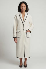 White Contrast Trim Long Draped Coat with Shawl Collar - Long coat - Photo 2