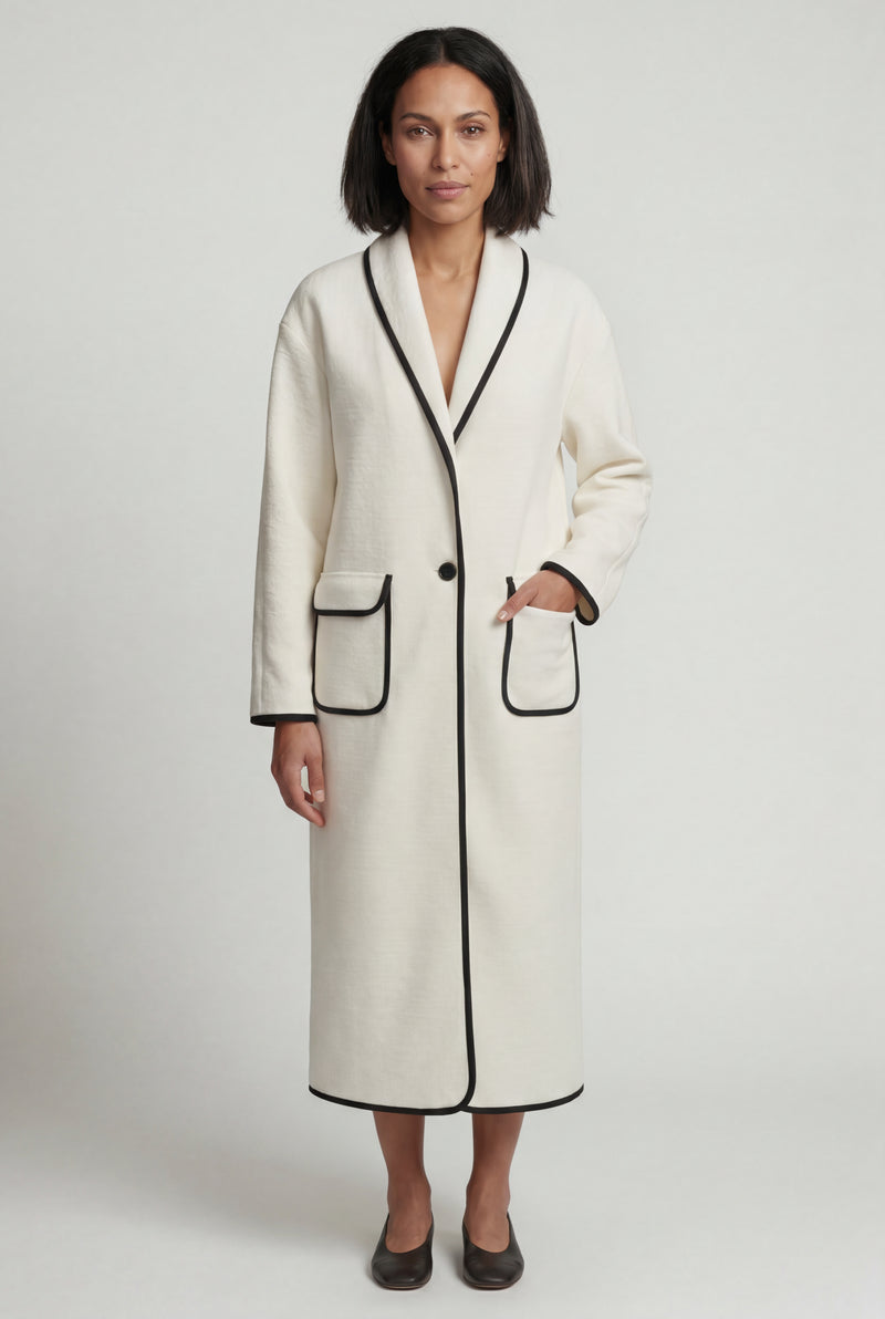 White Contrast Trim Long Draped Coat with Shawl Collar - Long coat - Photo 2